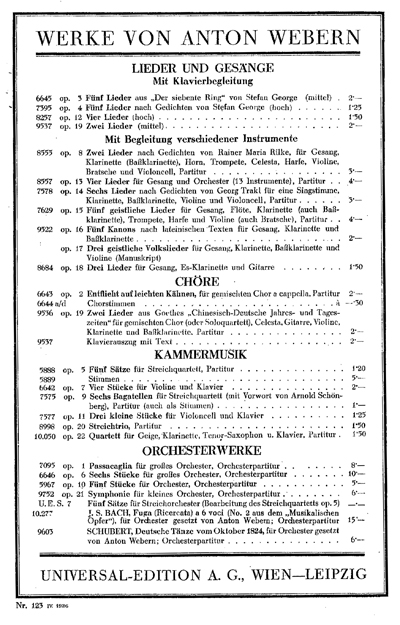 Verlagszanzeige der Werke Weberns 1936